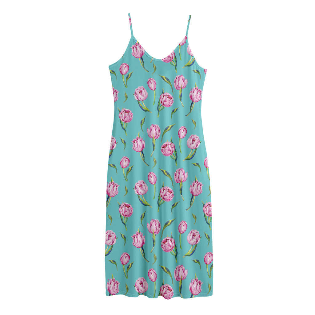 Pink Watercolor Tulip Pattern Print Jersey Midi Cami Dress