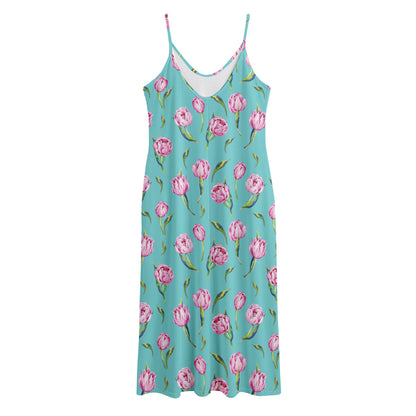 Pink Watercolor Tulip Pattern Print Jersey Midi Cami Dress