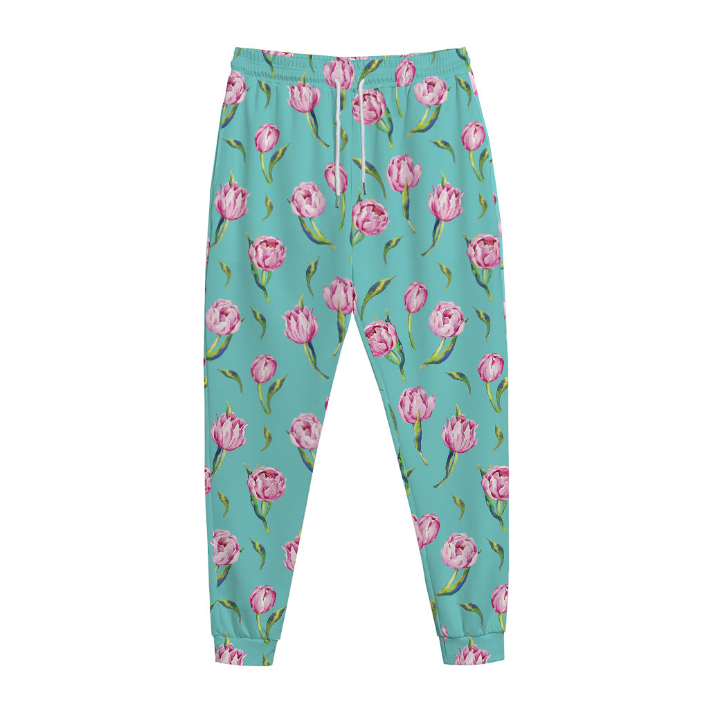 Pink Watercolor Tulip Pattern Print Jogger Pants
