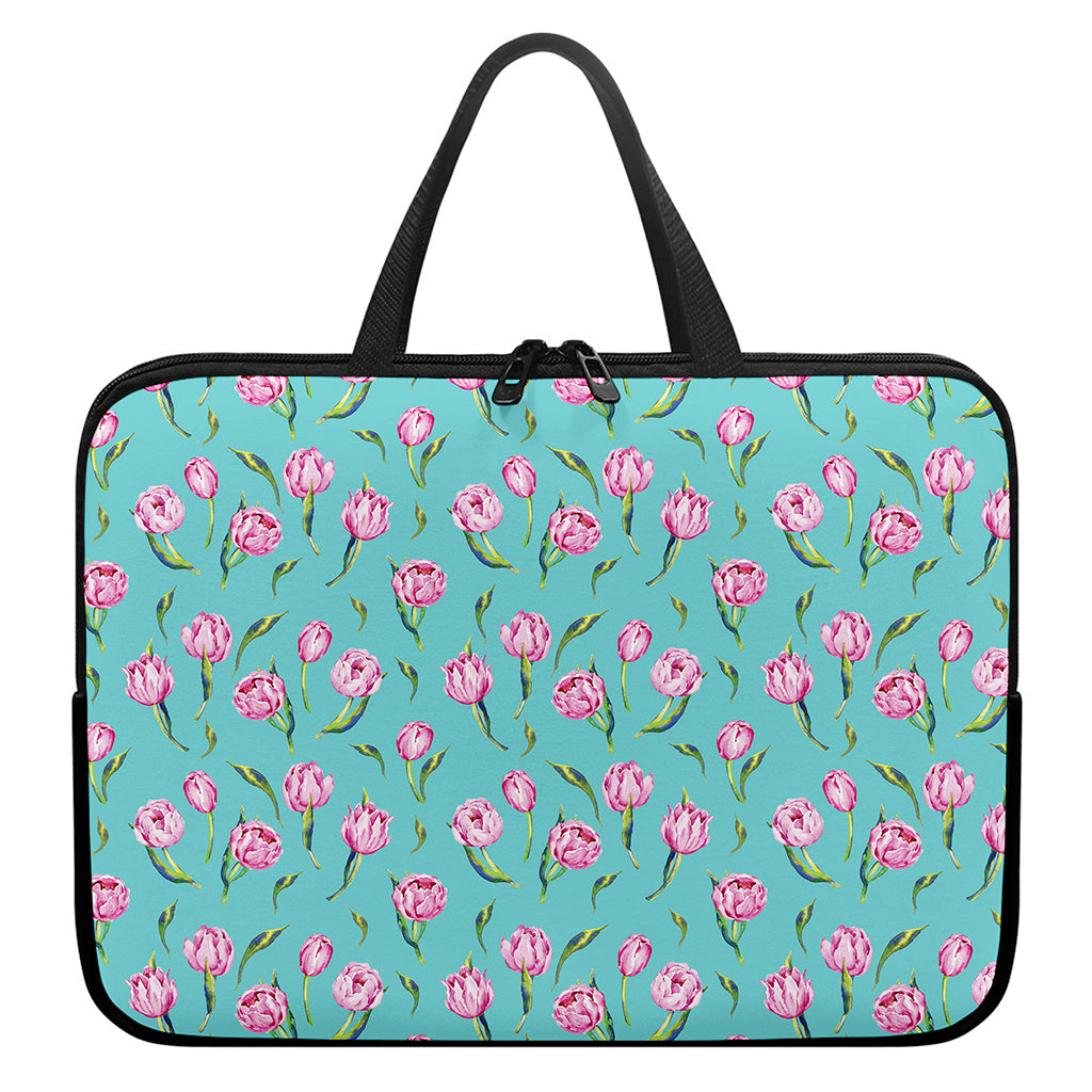 Pink Watercolor Tulip Pattern Print Laptop Sleeve With Handle