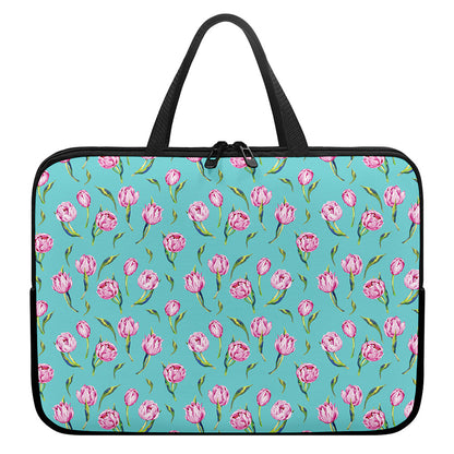 Pink Watercolor Tulip Pattern Print Laptop Sleeve With Handle