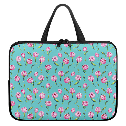 Pink Watercolor Tulip Pattern Print Laptop Sleeve With Handle