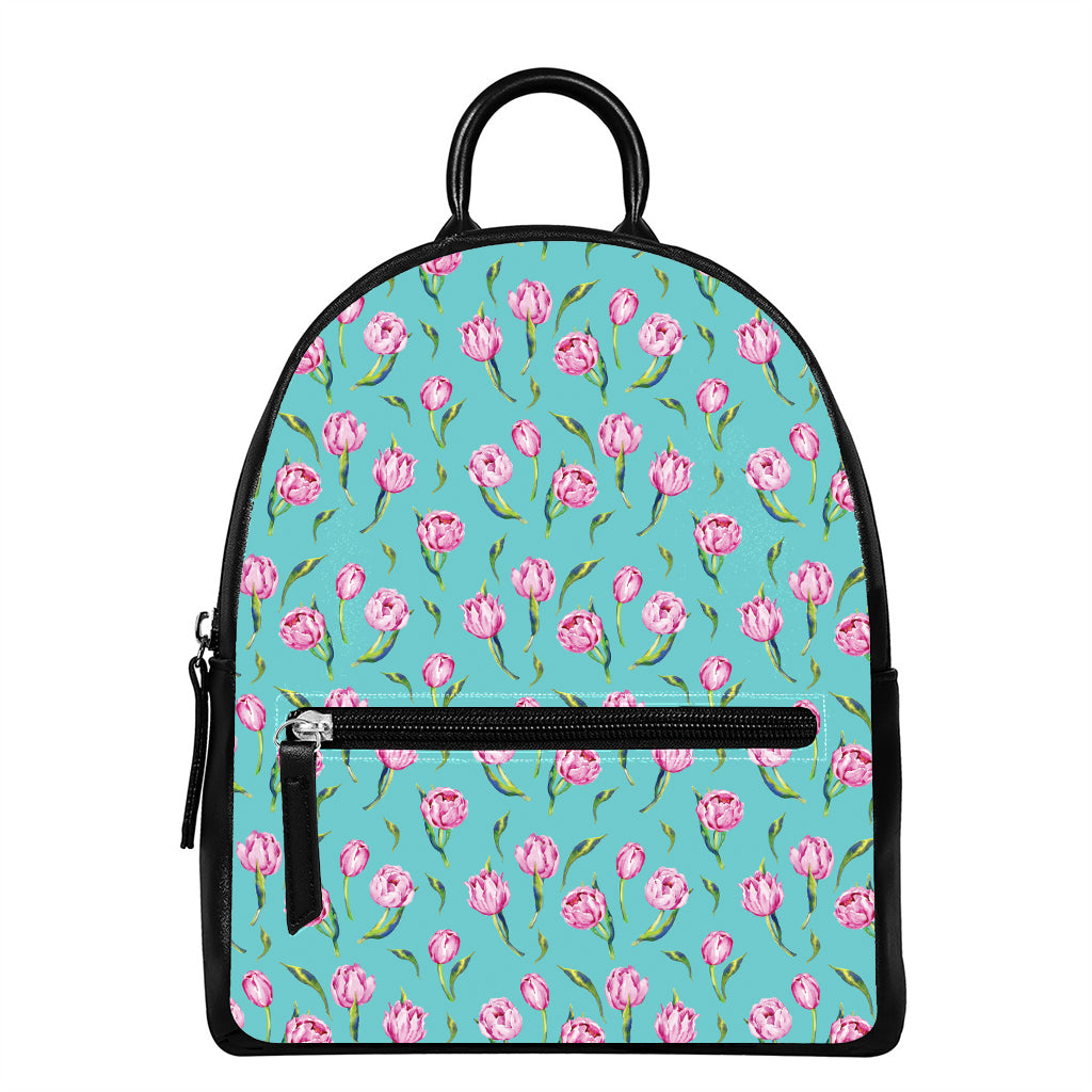 Pink Watercolor Tulip Pattern Print Leather Backpack