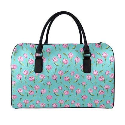 Pink Watercolor Tulip Pattern Print Leather Duffle Bag