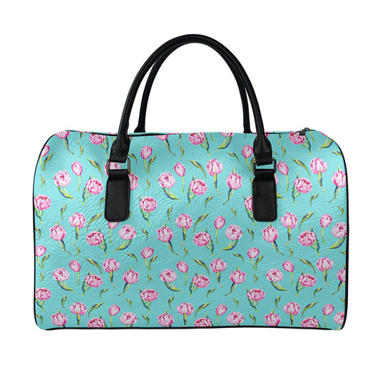 Pink Watercolor Tulip Pattern Print Leather Duffle Bag