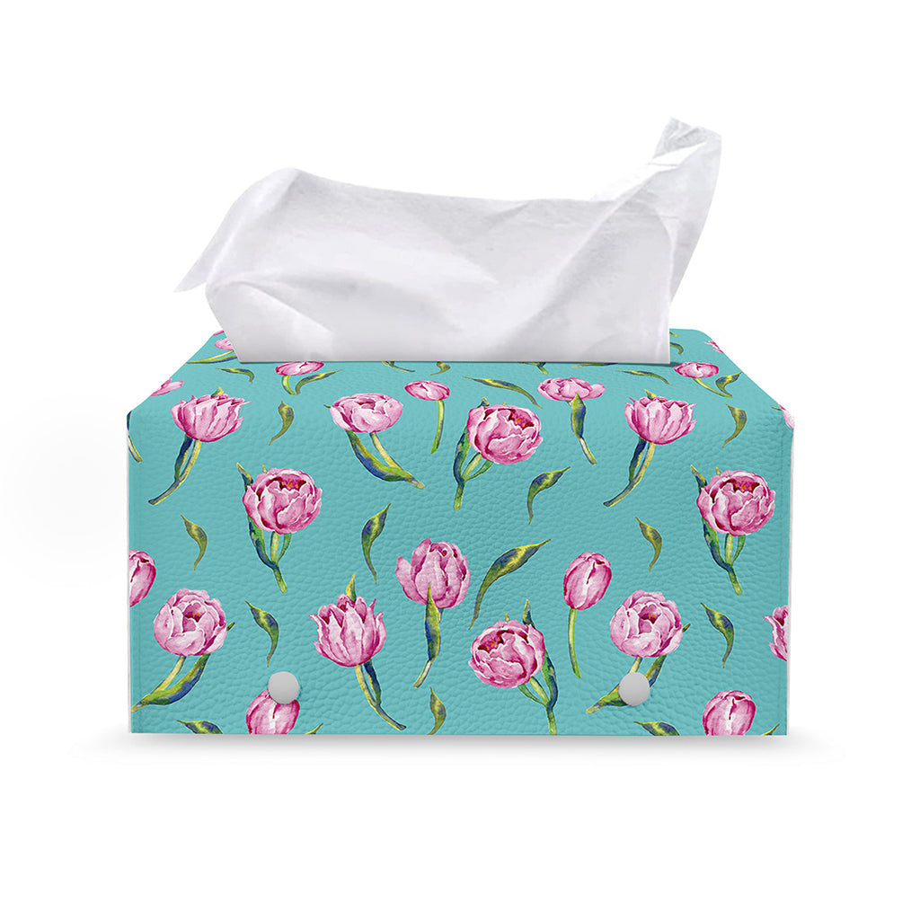 Pink Watercolor Tulip Pattern Print Leather Tissue Box Cover