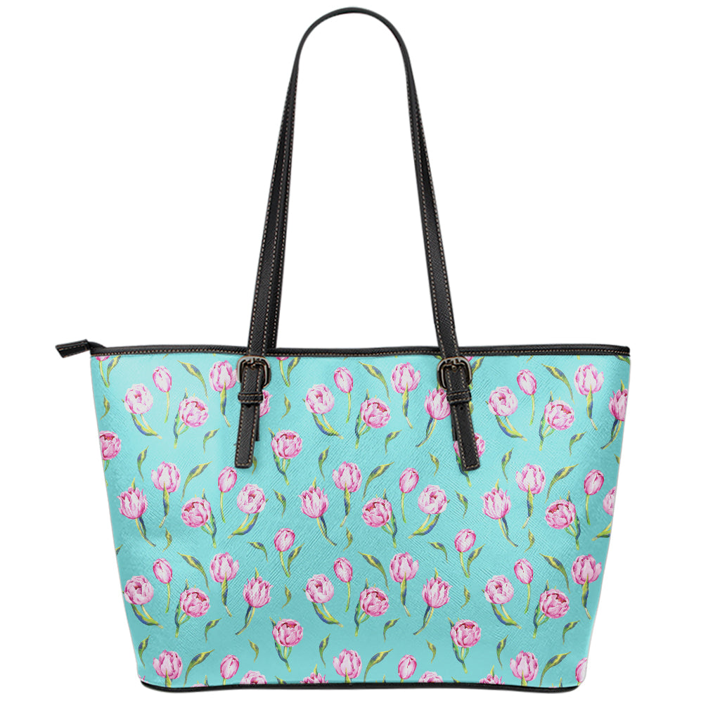 Pink Watercolor Tulip Pattern Print Leather Tote Bag