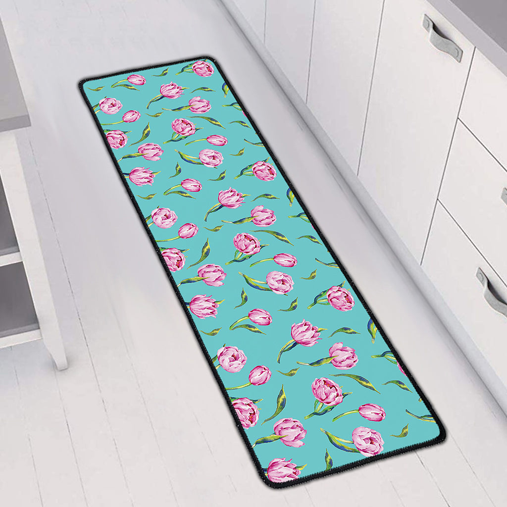 Pink Watercolor Tulip Pattern Print Long Kitchen Mat