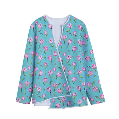 Pink Watercolor Tulip Pattern Print Long Sleeve Short Coat