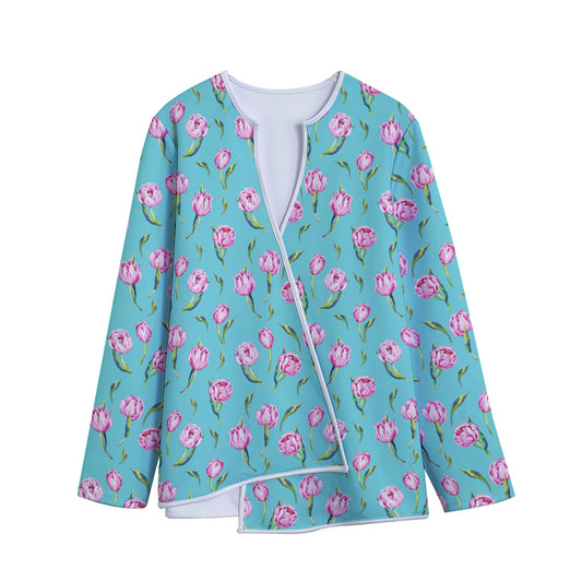 Pink Watercolor Tulip Pattern Print Long Sleeve Short Coat