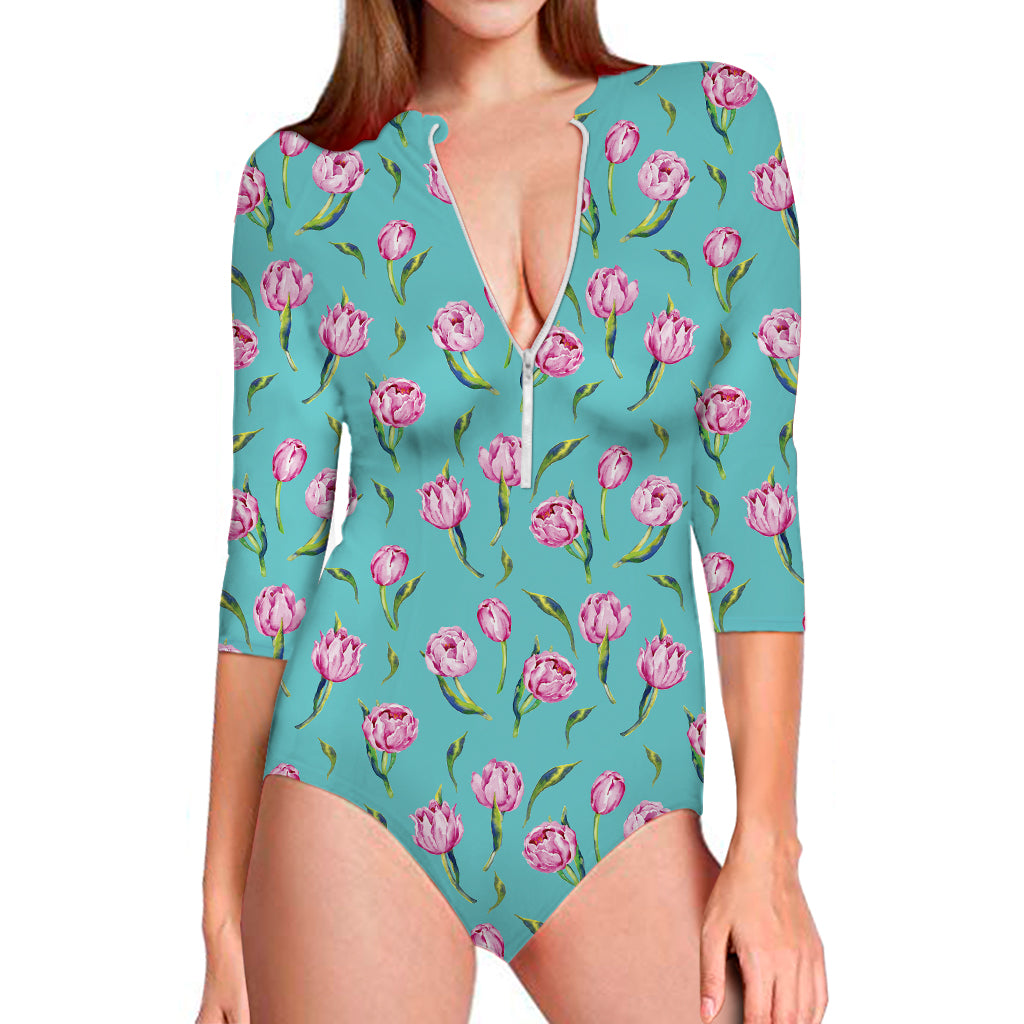 Pink Watercolor Tulip Pattern Print Long Sleeve Swimsuit