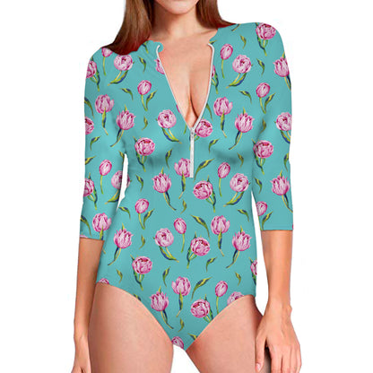Pink Watercolor Tulip Pattern Print Long Sleeve Swimsuit
