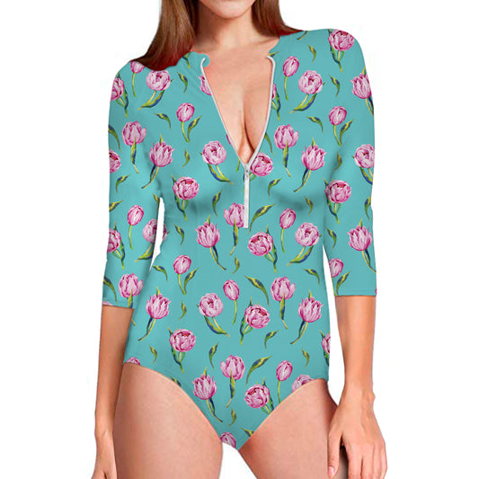 Pink Watercolor Tulip Pattern Print Long Sleeve Swimsuit