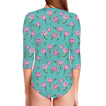 Pink Watercolor Tulip Pattern Print Long Sleeve Swimsuit
