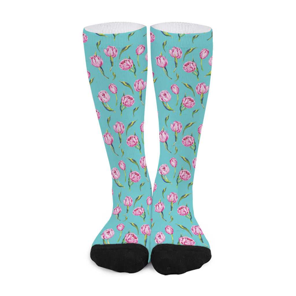 Pink Watercolor Tulip Pattern Print Long Socks