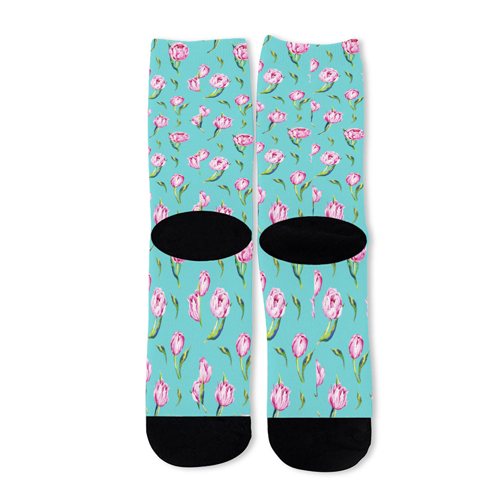 Pink Watercolor Tulip Pattern Print Long Socks
