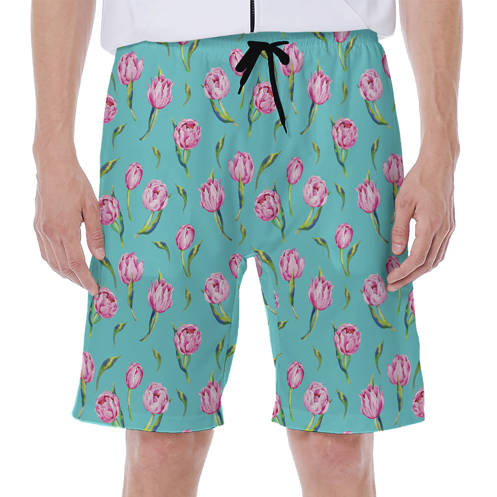 Pink Watercolor Tulip Pattern Print Men's Beach Shorts