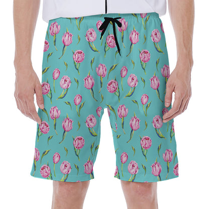 Pink Watercolor Tulip Pattern Print Men's Beach Shorts