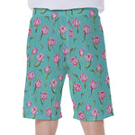 Pink Watercolor Tulip Pattern Print Men's Beach Shorts