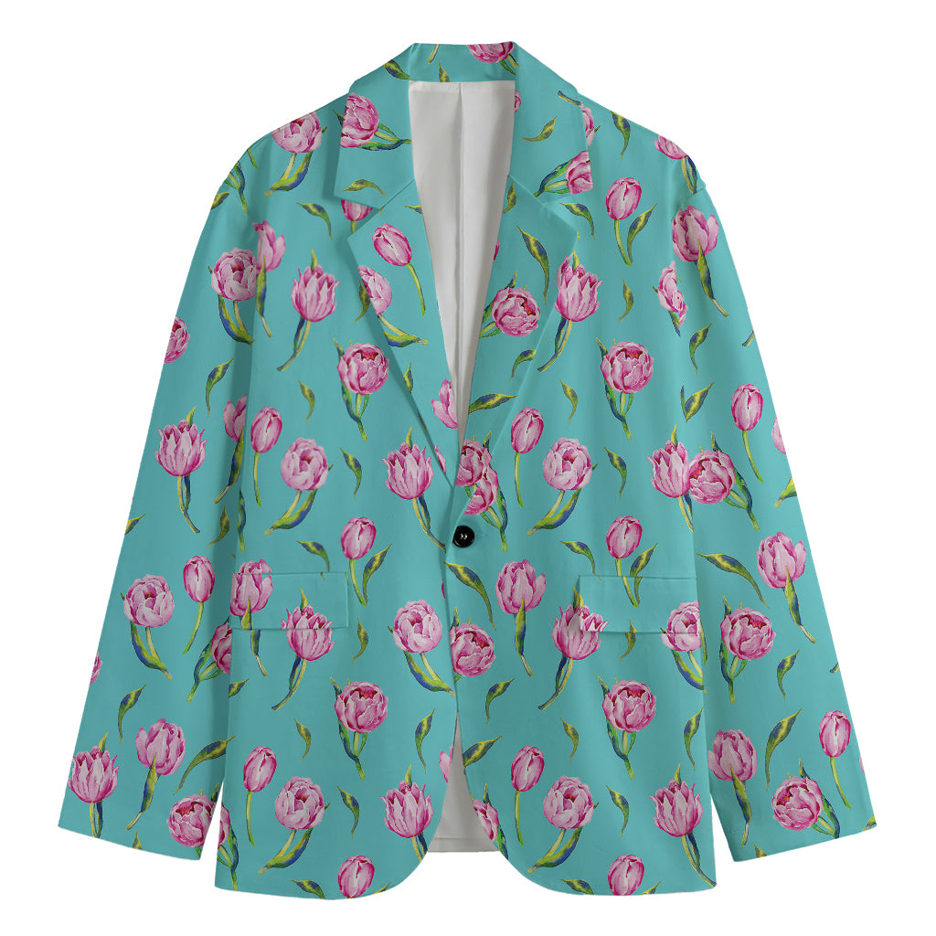 Pink Watercolor Tulip Pattern Print Men's Blazer