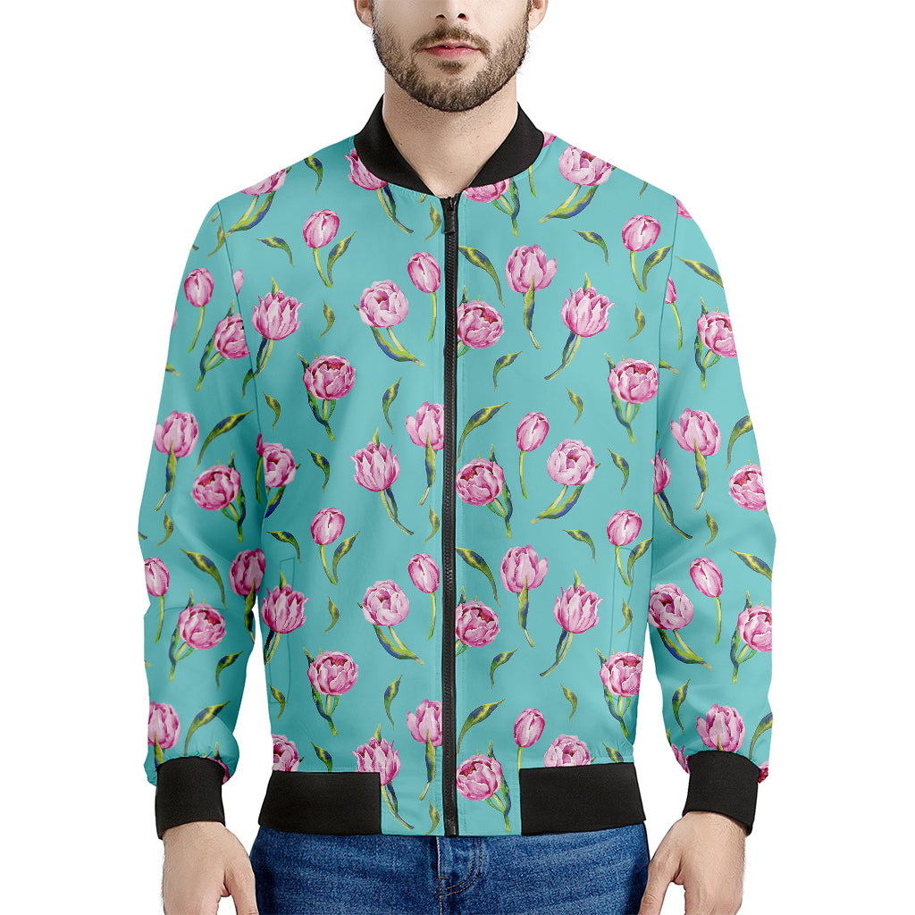 Pink Watercolor Tulip Pattern Print Men's Bomber Jacket