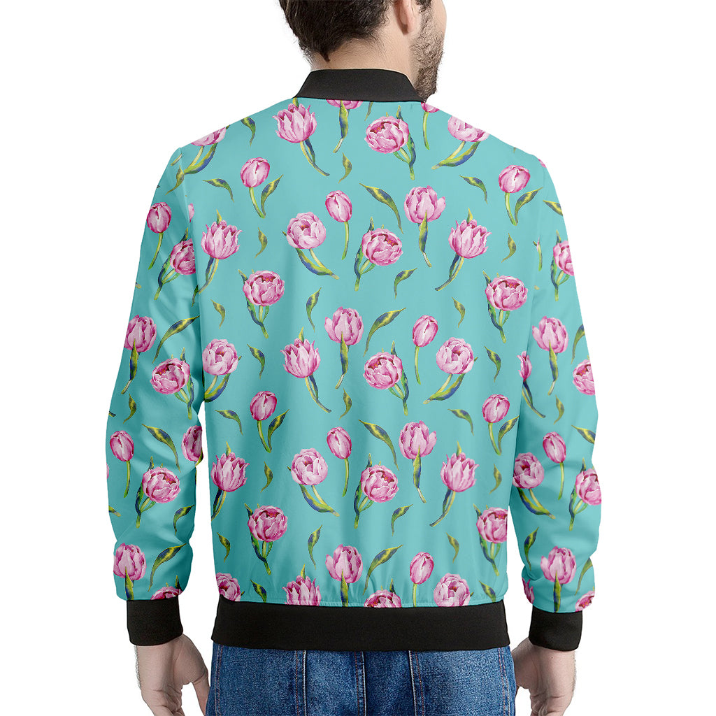 Pink Watercolor Tulip Pattern Print Men's Bomber Jacket