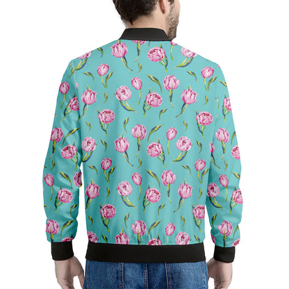 Pink Watercolor Tulip Pattern Print Men's Bomber Jacket