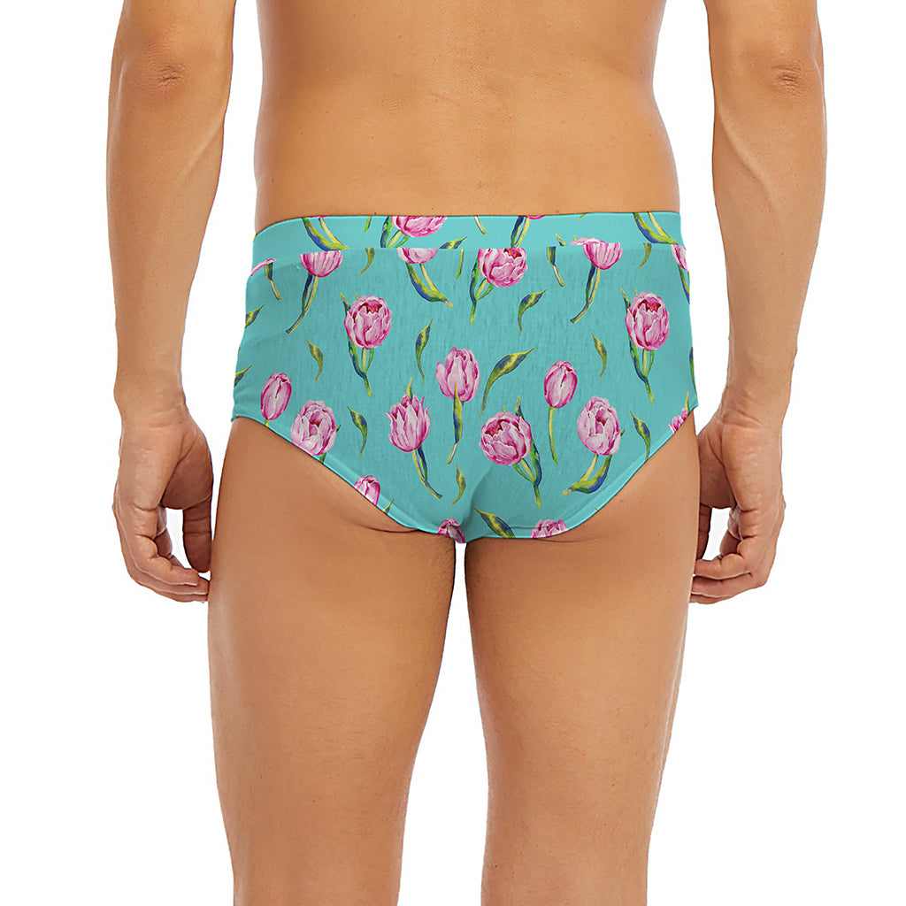 Pink Watercolor Tulip Pattern Print Men's Briefs