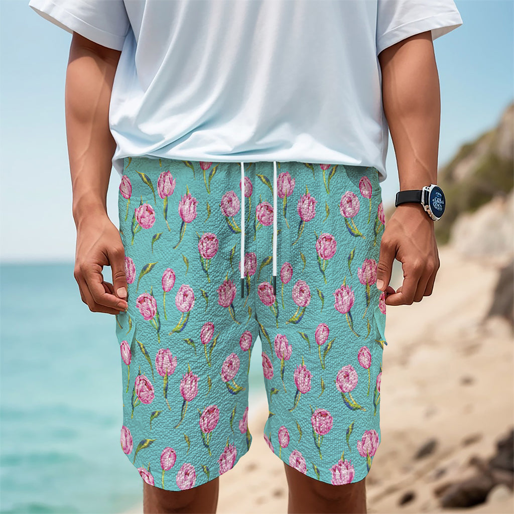 Pink Watercolor Tulip Pattern Print Men's Cargo Shorts