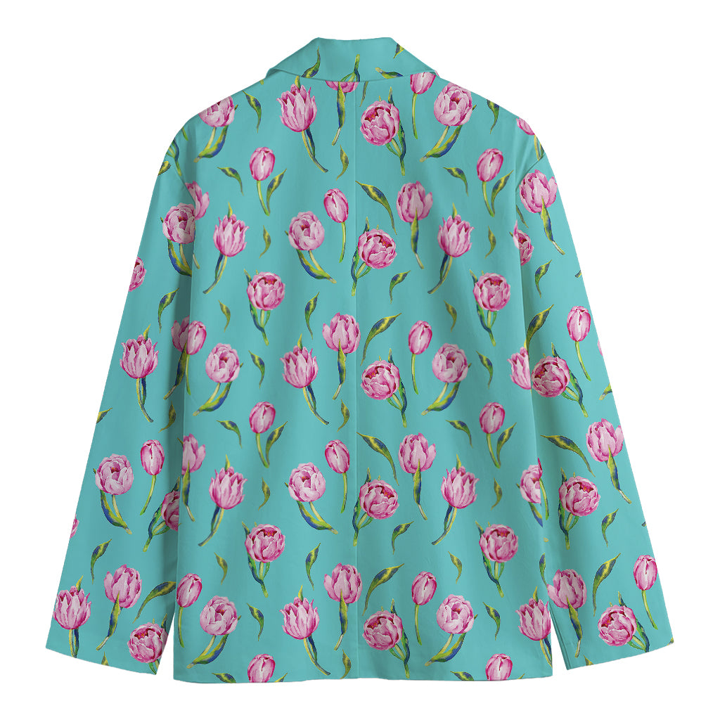 Pink Watercolor Tulip Pattern Print Men's Cotton Blazer