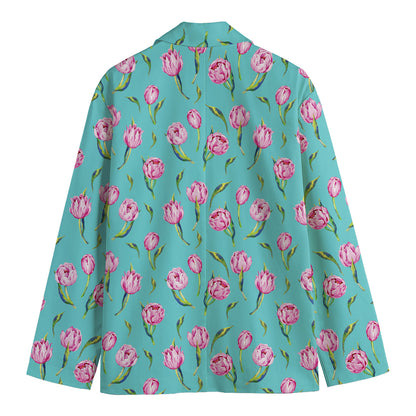 Pink Watercolor Tulip Pattern Print Men's Cotton Blazer