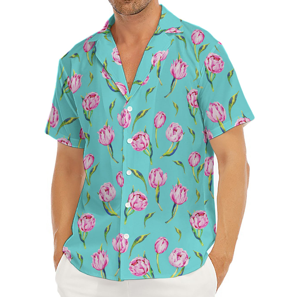 Pink Watercolor Tulip Pattern Print Men's Deep V-Neck Shirt