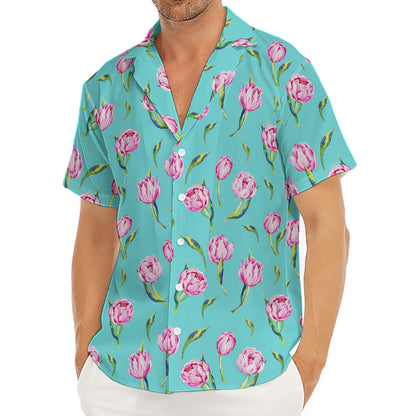 Pink Watercolor Tulip Pattern Print Men's Deep V-Neck Shirt