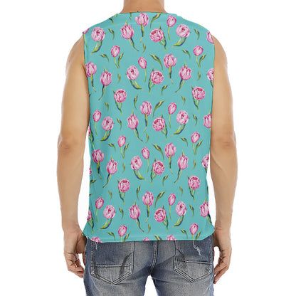 Pink Watercolor Tulip Pattern Print Men's Fitness Tank Top