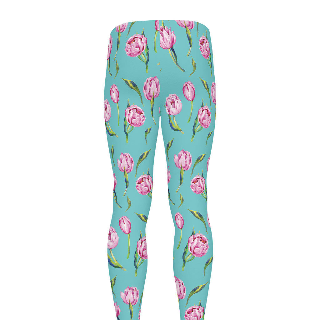 Pink Watercolor Tulip Pattern Print Men's leggings