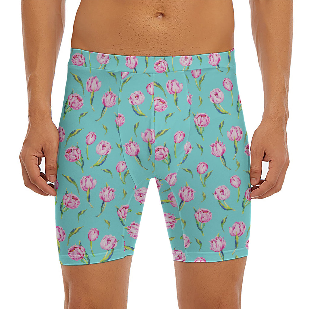 Pink Watercolor Tulip Pattern Print Men's Long Boxer Briefs