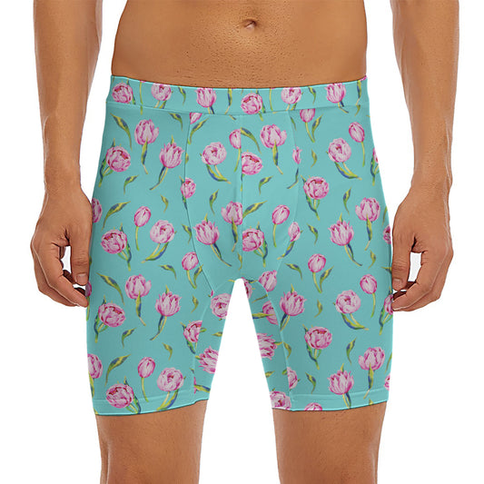Pink Watercolor Tulip Pattern Print Men's Long Boxer Briefs