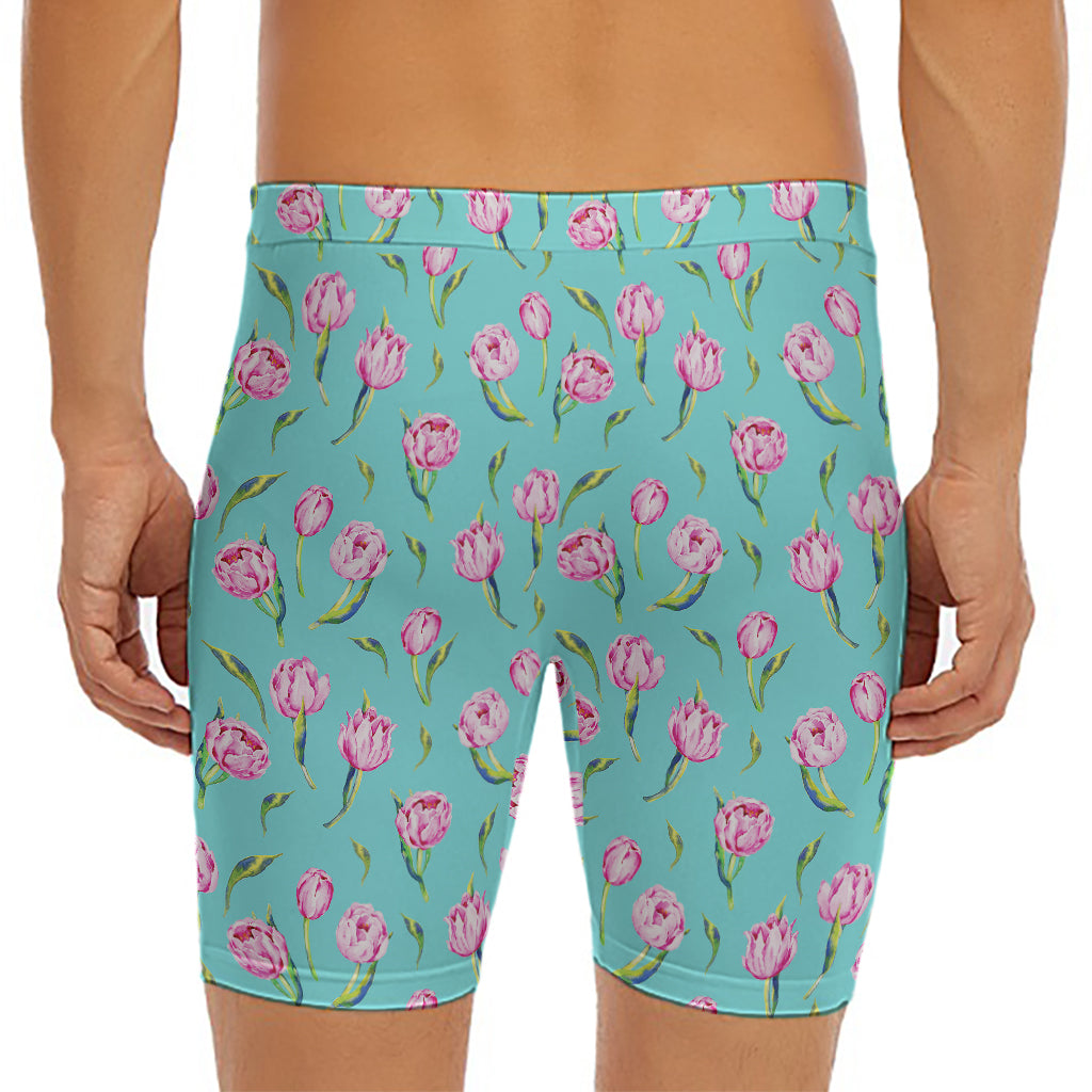 Pink Watercolor Tulip Pattern Print Men's Long Boxer Briefs