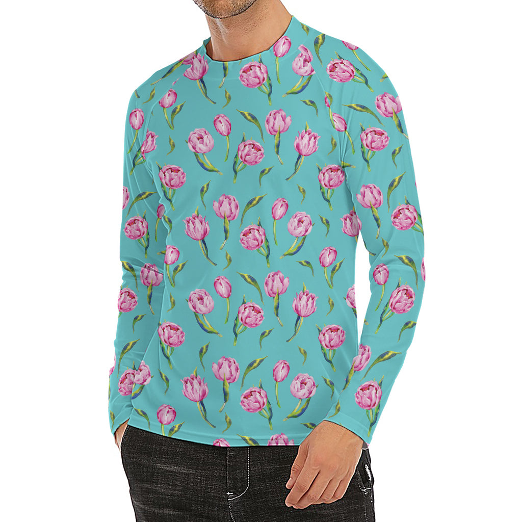 Pink Watercolor Tulip Pattern Print Men's Long Sleeve Rash Guard