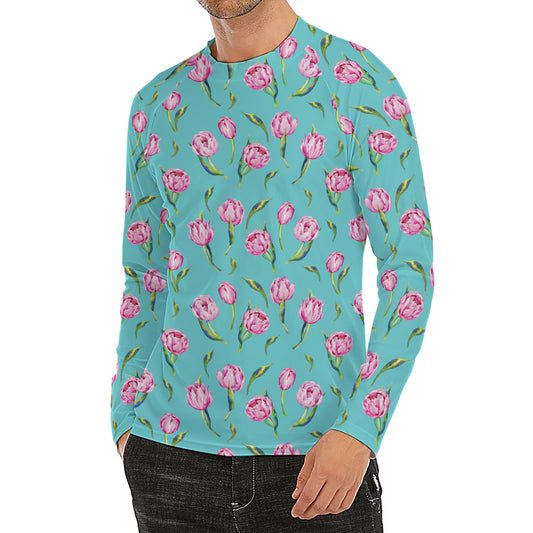Pink Watercolor Tulip Pattern Print Men's Long Sleeve Rash Guard