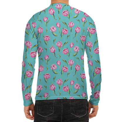 Pink Watercolor Tulip Pattern Print Men's Long Sleeve Rash Guard