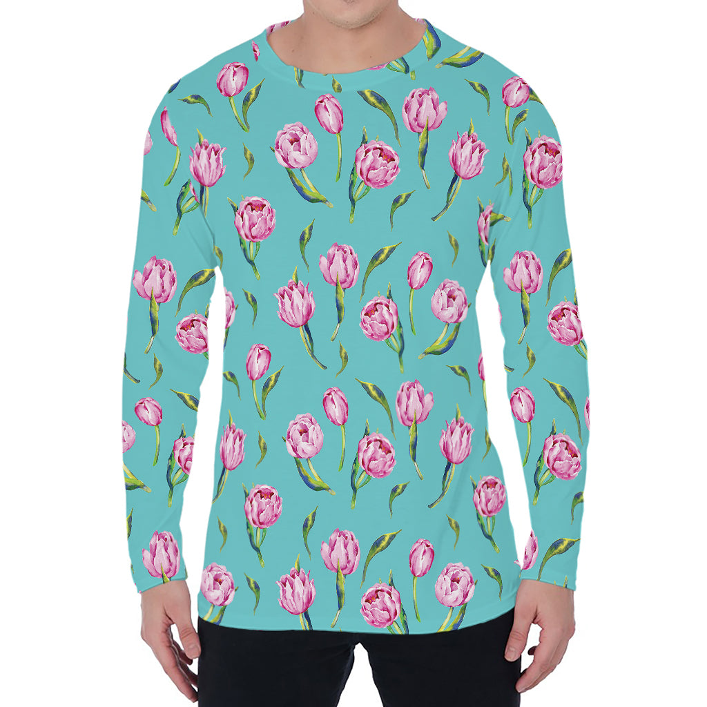Pink Watercolor Tulip Pattern Print Men's Long Sleeve T-Shirt