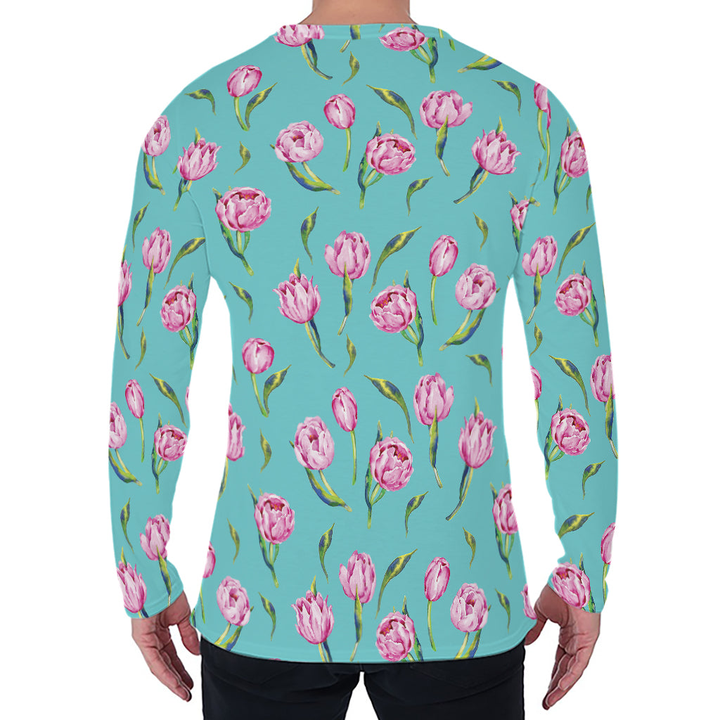 Pink Watercolor Tulip Pattern Print Men's Long Sleeve T-Shirt