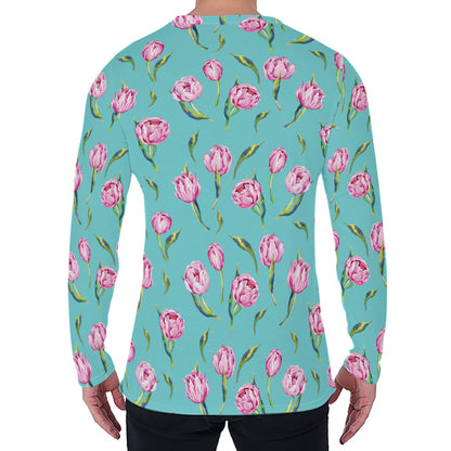 Pink Watercolor Tulip Pattern Print Men's Long Sleeve T-Shirt