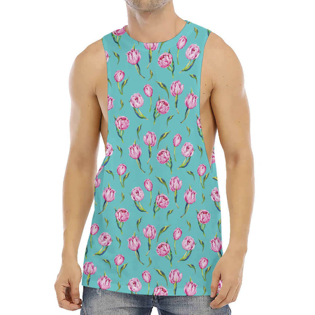 Pink Watercolor Tulip Pattern Print Men's Muscle Tank Top