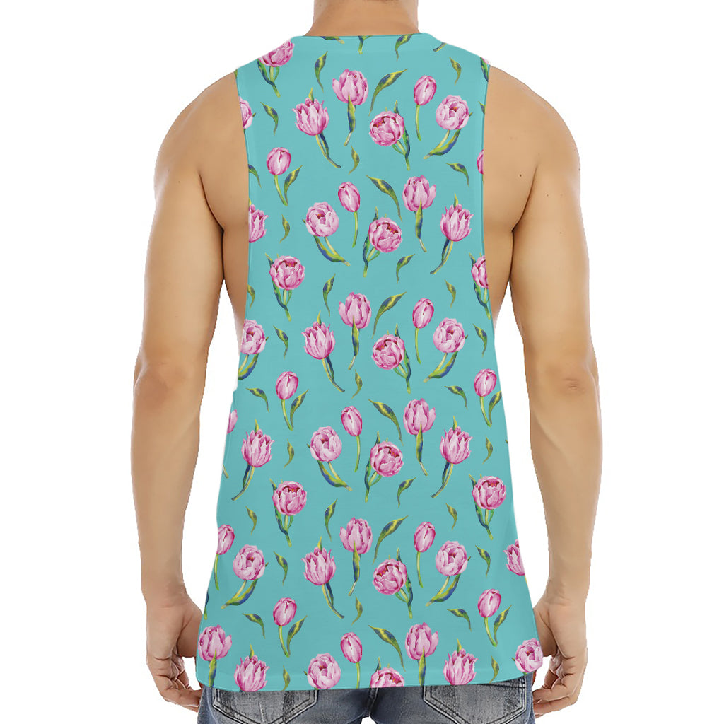 Pink Watercolor Tulip Pattern Print Men's Muscle Tank Top