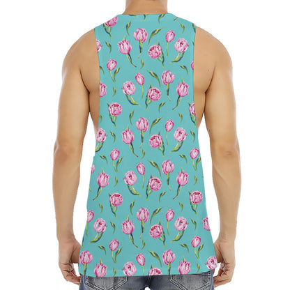 Pink Watercolor Tulip Pattern Print Men's Muscle Tank Top
