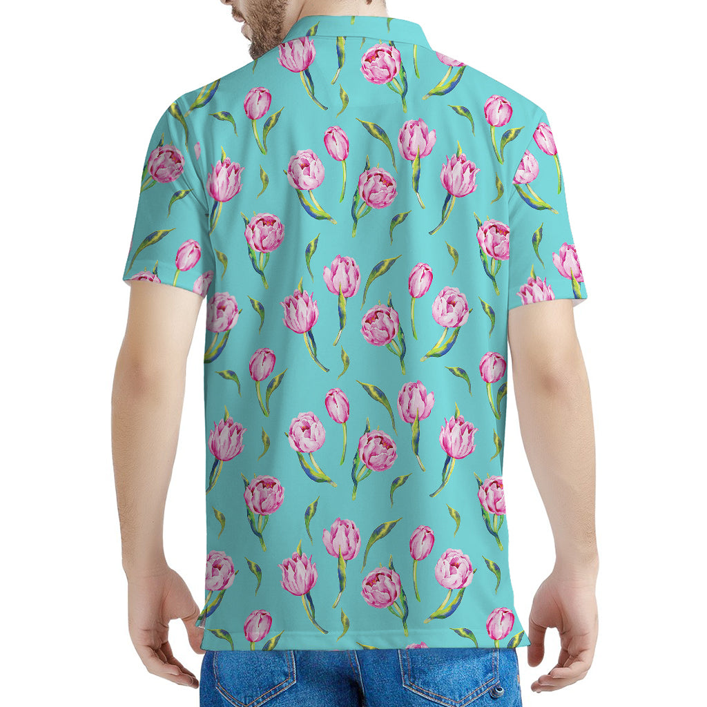 Pink Watercolor Tulip Pattern Print Men's Polo Shirt