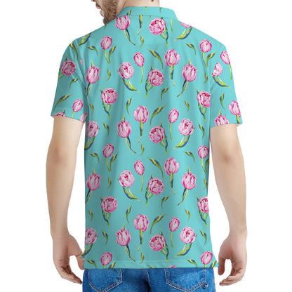 Pink Watercolor Tulip Pattern Print Men's Polo Shirt