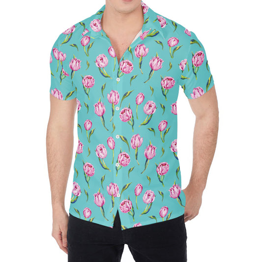 Pink Watercolor Tulip Pattern Print Men's Shirt